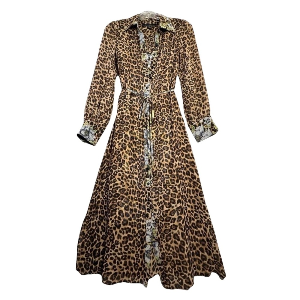 White House Black Market Leopard Floral Maxi Shirt Dress 2 piece Set Sz 12 NWOT